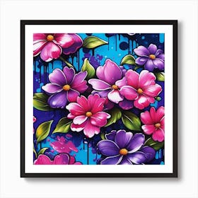 Flowers On Blue Background Art Print