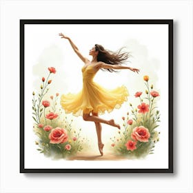 Elegant Dancer Leaps In A Watercolor Garden 1 Art Print