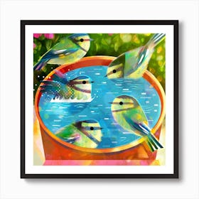 Baby Blue Tits Bathing Square Art Print