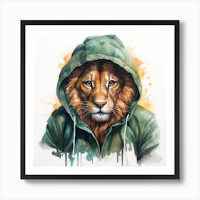 Watercolour Cartoon Lion In A Hoodie Art Print