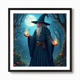 A Mysterious Wizard Casting Spells In A Moonlit Enchanted Garden Art Print