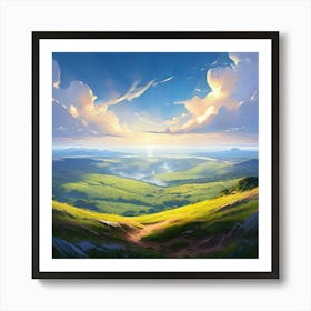 An Awe Inspidring Vista Atop An Undulating Hill With A Soft Gaze Descending Towards The Verdant Fields Art Print