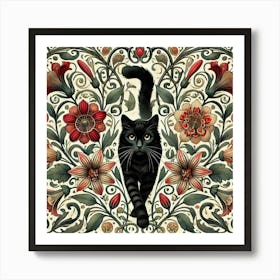 Black Cat With Flowers Art Print