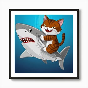 Cat Riding Shark Art Print