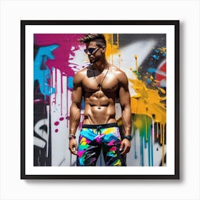 Man In Colorful Swim Trunks Art Print