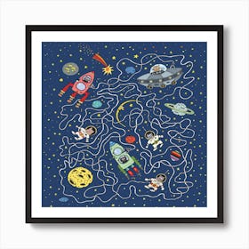 Space Maze Cat Space Astronaut Rocket Maze Art Print