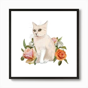 White Cat With Heirloom Flowers Square Art Print