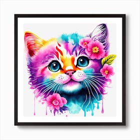 Colorful Cat With Flowers Art Print