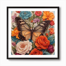 Butterfly And Roses 1 Art Print