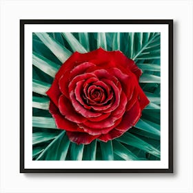 Red Rose On Green Leaves 1 Art Print