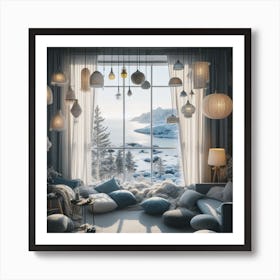 Swedish Living Room with winter sea view panoramic window and lots of lamps Art Print