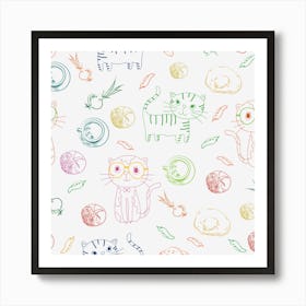 Cats And Food Doodle Seamless Pattern Art Print