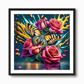 Butterfly And Roses 1 Art Print