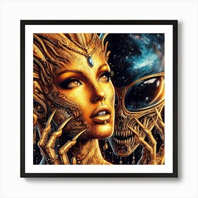 Alien Couple In Gold And Cosmic Exposure Drawing Art Print