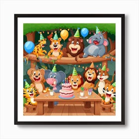 Birthday Party In The Jungle - A group of jungle animals are having a party in a treehouse. The animals are all different shapes and sizes, and they are all wearing funny hats and costumes. The treehouse is decorated with balloons and streamers, and there is a big cake in the middle of the table. The animals are all laughing and having a good time. 2 Art Print