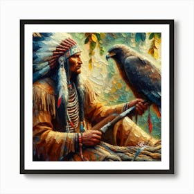 Oil Texture Native American Indian And Hawk 4 Copy Art Print