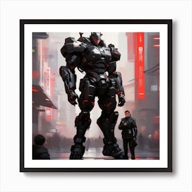 A Man With Black Armored Uniform, Futuristic, Giant Robot, Inspired By Krenz Cushart, Neoism, Kawacy, Wlop (1) Art Print