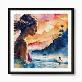 Watercolor Of A Woman On The Beach Art Print