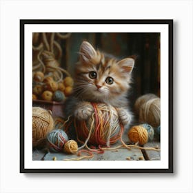 Kitten Playing With Yarn Art Print