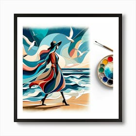 Woman Walking On The Beach Art Print