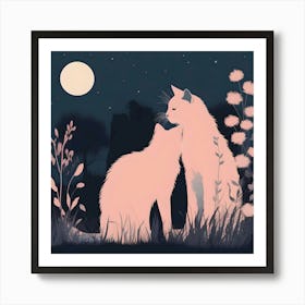 Silhouettes Of Cats In The Garden At Night, Peach And Dark Blue Art Print