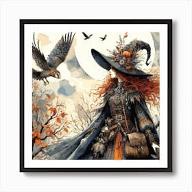 Portrait Of A Witch And The Owl Vector Style In Raster Format Art Print