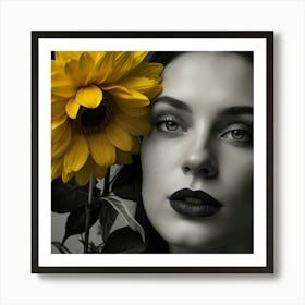 Black And White Portrait Of A Woman With Sunflower Poster