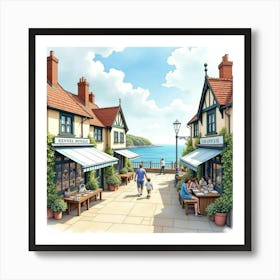 A Watercolor Of An English Seaside Village With People Exploring Quaint Shops And Enjoying Fresh Seafood 1 Art Print