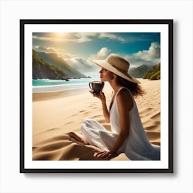 Woman Drinking Coffee On The Beach Art Print