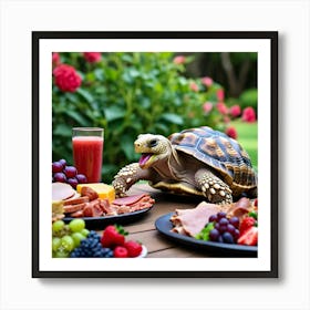 Tortoise Eating Greedily All The Delicious Food And Drinks (1) Art Print