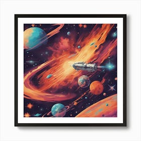 A Retro Style Universe Unveiled Blasting Space, With Colorful Exhaust Flames And Stars In The Backgr Art Print