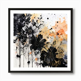 Black And Orange Flowers, Abstract Floral Painting, Abstract Floral Painting, Design An Eclectic Collage With Overlapping Layers Of Lace Watercolor Splatters And Black Art Print