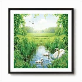 Wallpaper Capturing A Serene Summertime Countryside Two Cygnets Navigating A Vibrantly Green Stream (1) Art Print