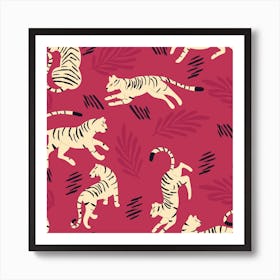 Cream Tiger Pattern On Viva Magenta Square Art Print