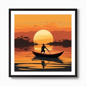 Silhouette Of A Man In A Boat At Sunset Art Print