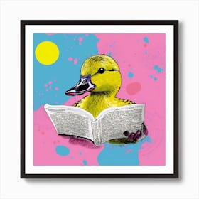 Duckling Reading A Book Linocut Style 1 Art Print