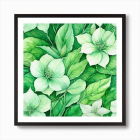 White Flowers On Green Background Art Print