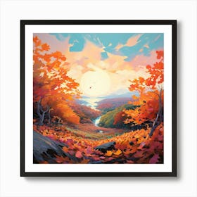 Vibrant Autumn Leaves Cascade To The Earth Forming A Pastel Hued Tapestry Under A Pale Blue Sky Art Print