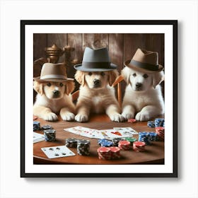 Three Golden Retrievers Playing Poker 1 Art Print