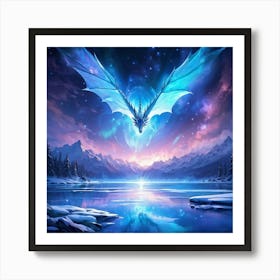 Ice Dragon Soaring Over Crystalline Frozen Lake Reflected Scales Shimmering Against The Icy Surface Art Print