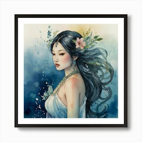 Asian Woman The Magic of Watercolor: A Deep Dive into Undine, the Stunningly Beautiful Asian Goddess Art Print