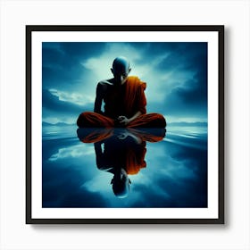 Giant Meditating Monk On A Lake In Sky Reflection Color Illustration Art Print