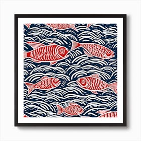 Fishes In The Sea Linocut Art Print