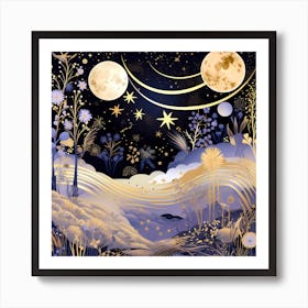 Night Sky With Moon And Stars Art Print