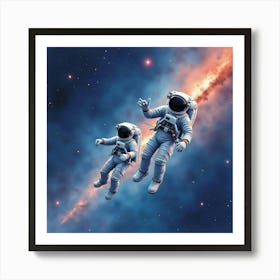 Watercolor Astronauts Floating In Space Surrounded By Distant Stars And Nebulae 1 Art Print