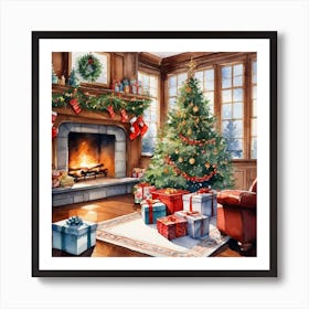 Christmas Presents Under Christmas Tree At Home Next To Fireplace Watercolor Trending On Artstatio (2) Art Print