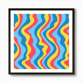 GOOD VIBRATIONS Groovy Mod Wavy Psychedelic Abstract Stripes in Bright Red Sunshine Yellow Icy Blues Art Print