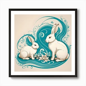 Two White Rabbits on Turquoise and Beige Background Art Print