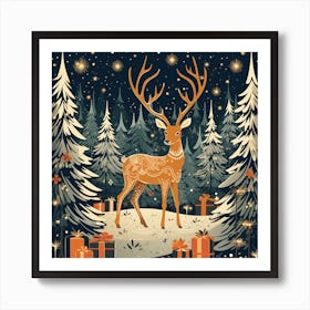 Christmas Deer In The Forest 1 Art Print