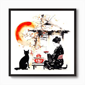 Geisha With Cat - Asian Woman With Cat Art Print